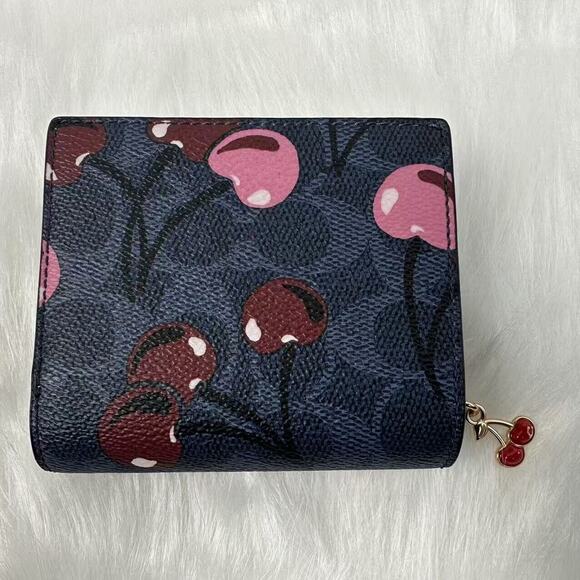 Coach Snap Wallet In Signature Canvas With Pink Cherry Print Gold/Denim Blue NWT - Picture 2 of 10